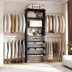 Système d’organisation de dressing en bois Besiost de 4 à 9 pieds avec 4 tiroirs, 4 tringles et des colonnes d’étagères
