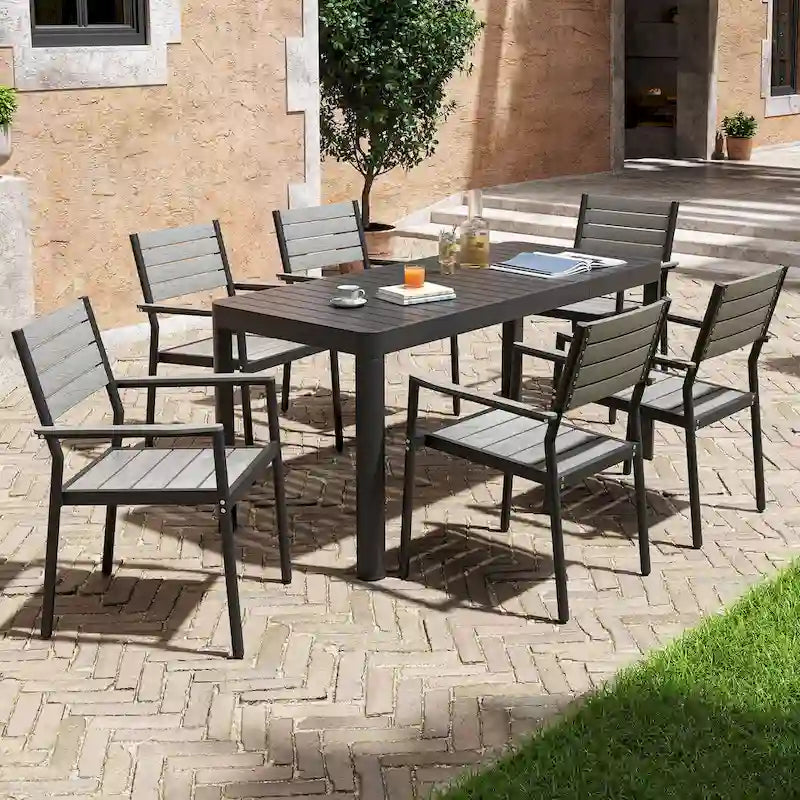 Ensemble de salle à manger de patio extérieur en aluminium de 5/7 pièces, chaises empilables et table extensible