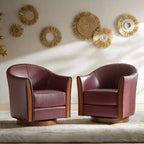 Fauteuil tonneau pivotant Pocono de style transitionnel en cuir véritable avec piètement en bois massif, ensemble de 2, Artful Living Design