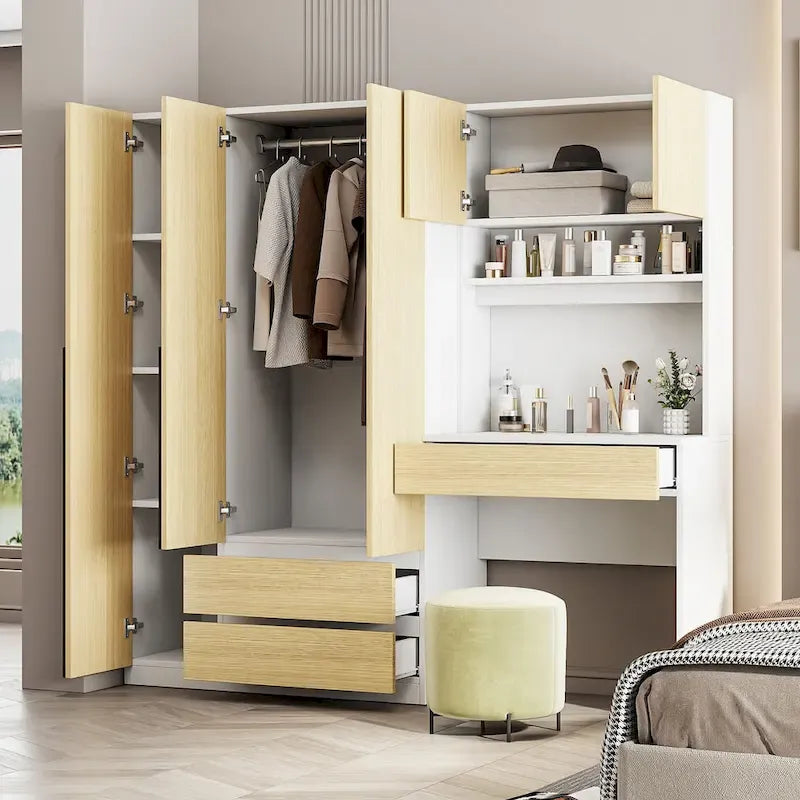 Armoire 3-en-1 avec coiffeuse, ensemble bureau, armoire de chambre avec 2 tiroirs, 3 portes et espace de rangement