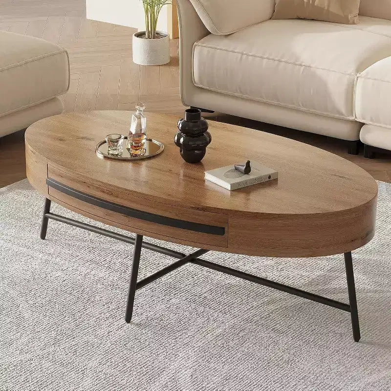 Table basse ovale Acekool avec tiroir, table de rangement en bois de 47,2 avec pieds en métal croisés, table centrale moderne du milieu du siècle en finition bois naturel et saule doré