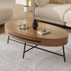 Table basse ovale Acekool avec tiroir, table de rangement en bois de 47,2 avec pieds en métal croisés, table centrale moderne du milieu du siècle en finition bois naturel et saule doré