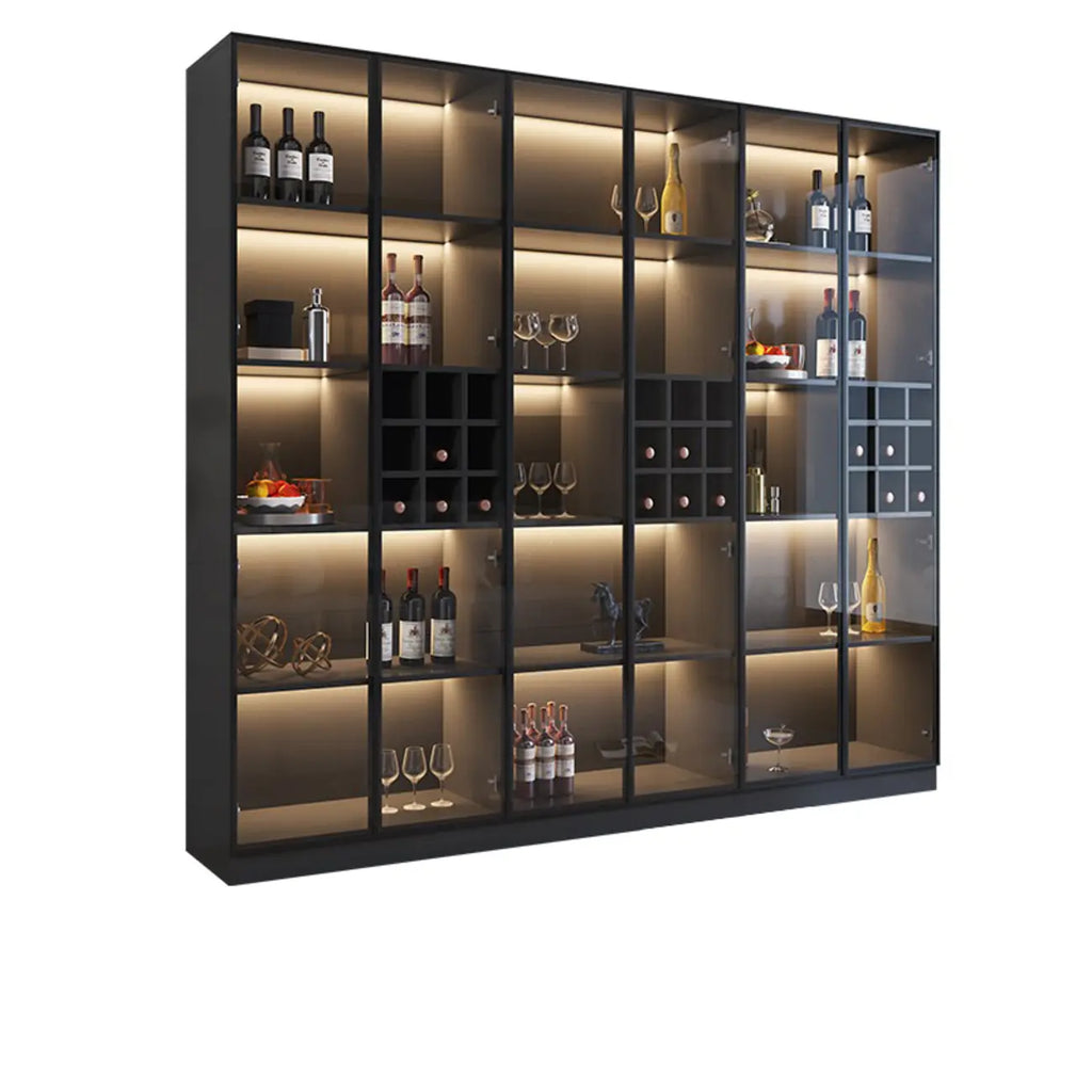 Credenza portabottiglie minimalista in legno nero con anta in vetro