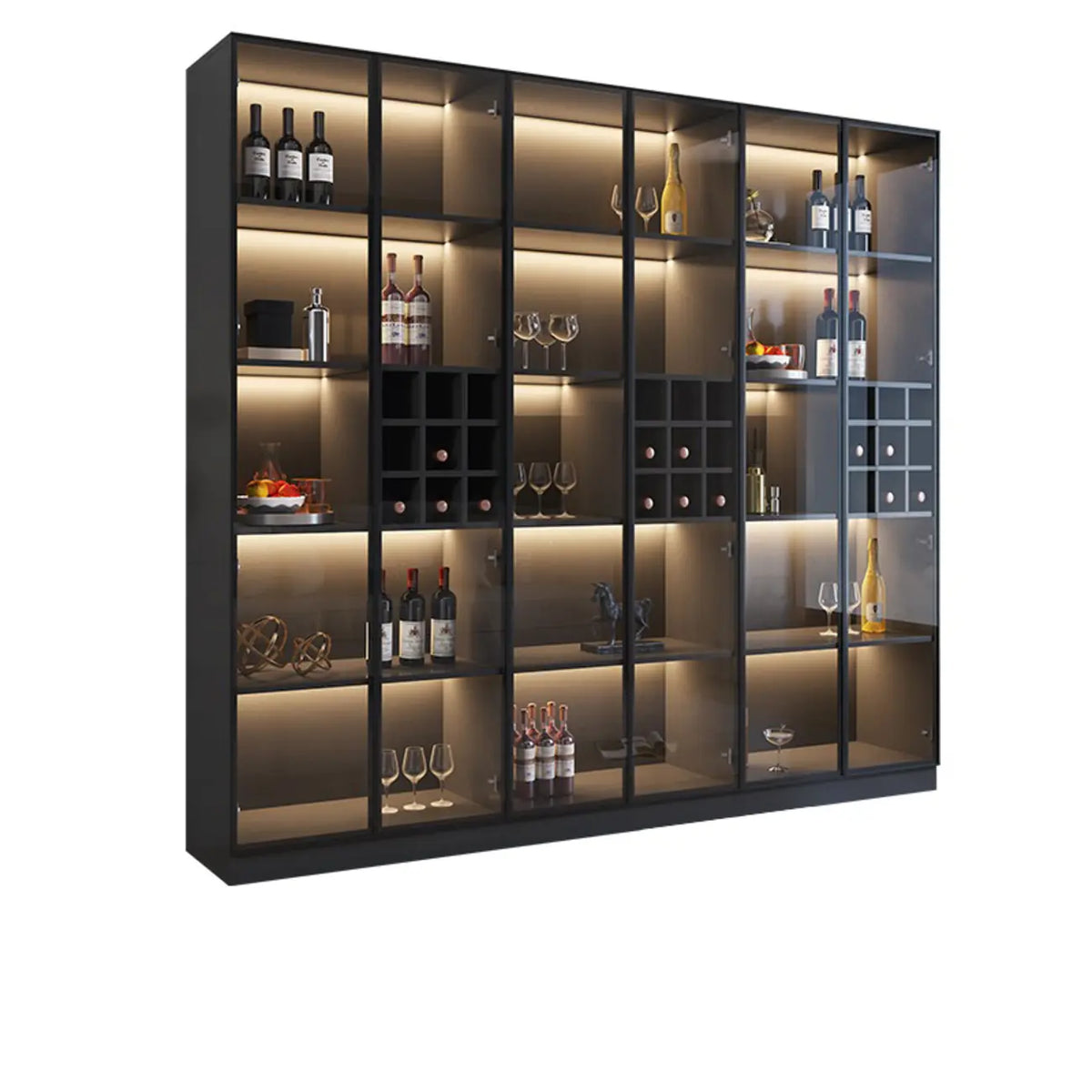 Credenza portabottiglie minimalista in legno nero con anta in vetro