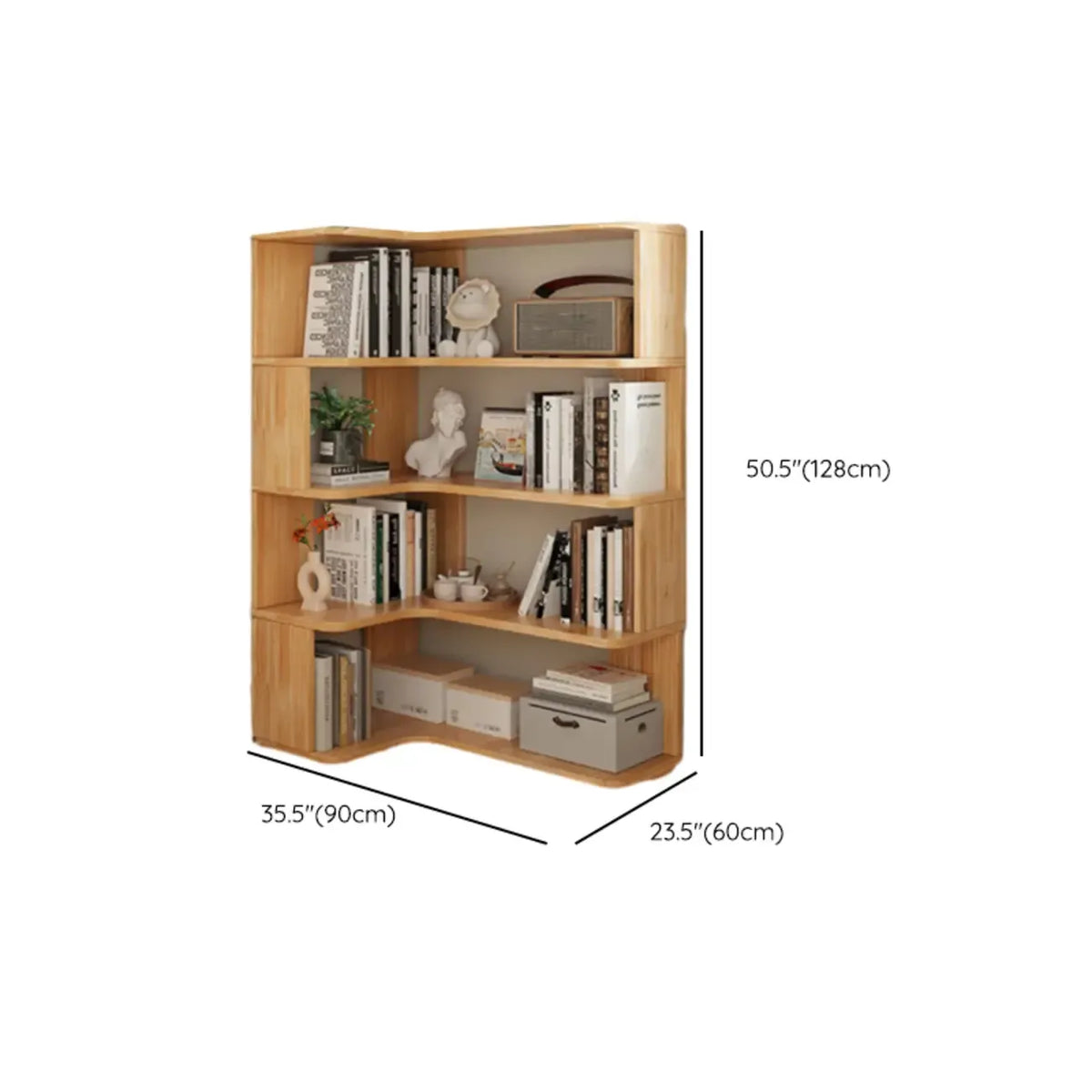 Libreria verticale in legno a forma di L con finitura naturale e schienale aperto