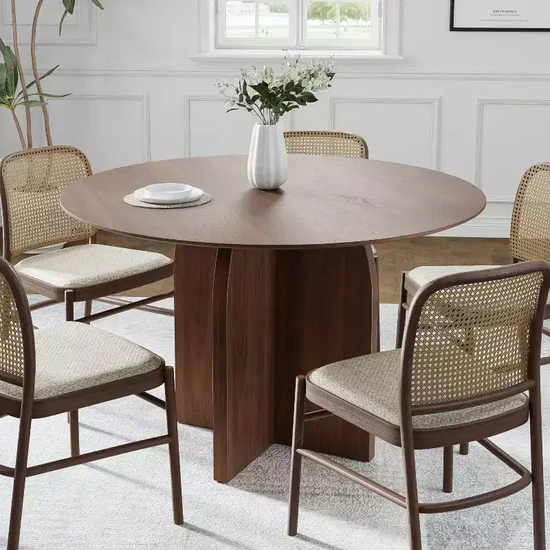 Tavolo da pranzo rotondo PexFix 45 x45 in legno massello con finitura noce e gambe ad arco eleganti per sale da pranzo e cucine moderne