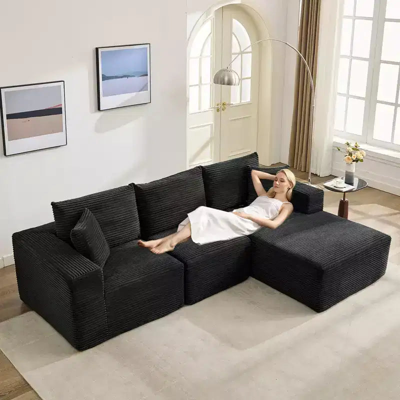 108 modernes Sofa, 3-Sitzer-Sofa in L-Form mit Polsterbezug und Kissen, Sofa mit tiefer Sitzfläche, keine Montage erforderlich
