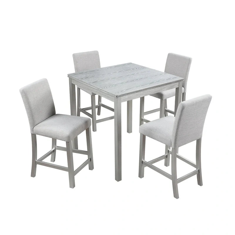 Set da pranzo moderno da 5 pezzi con tavolo quadrato ad altezza bancone e 4 sedie imbottite