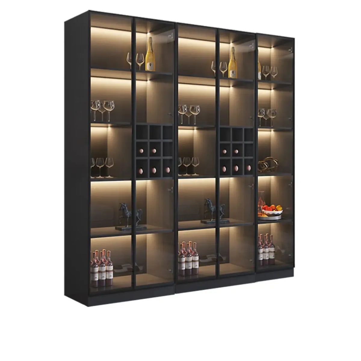 Credenza portabottiglie minimalista in legno nero con anta in vetro