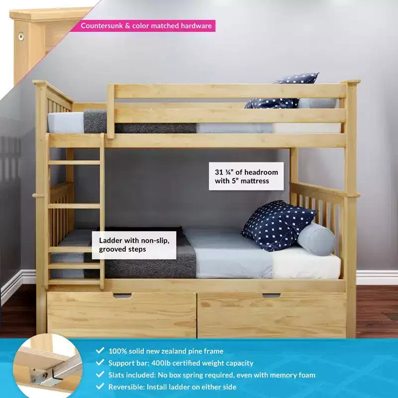 Etagenbett aus Massivholz, Einzelbett über Einzelbett, für Kinder mit Stauraumschubladen unter dem Bett