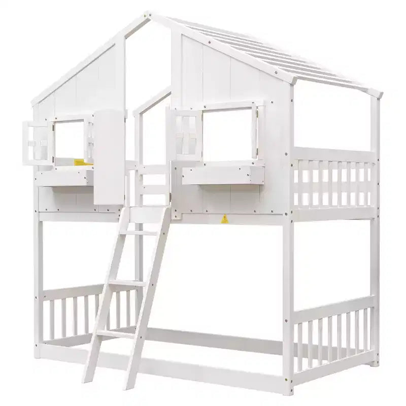 Letto a soppalco matrimoniale singolo a forma di casetta, letto rialzato in legno tipo casetta con scaletta e sponde di sicurezza per bambini