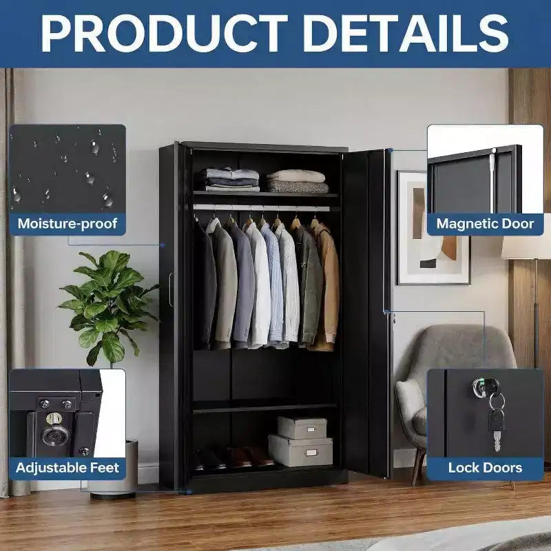 Armoire de 72 po avec serrure, armoires de rangement de garage en métal noir avec étagères réglables et tringle, meuble de rangement en métal pour la maison ou la chambre
