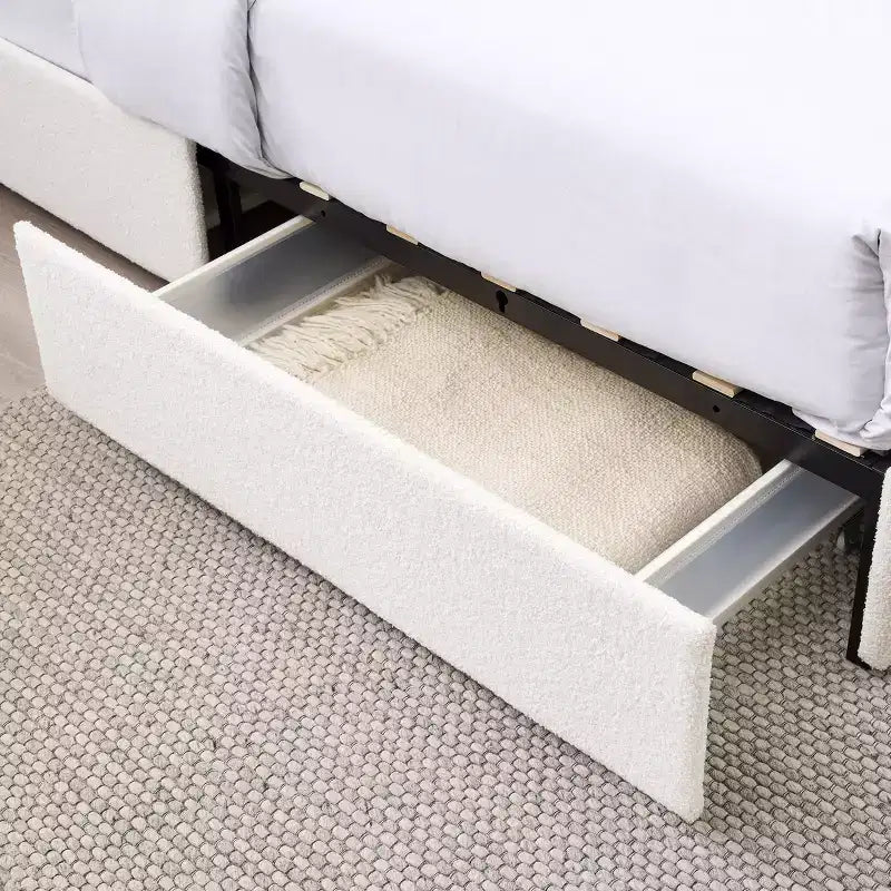 Lit queen-size moderne rembourré en bouclé avec tiroirs de rangement
