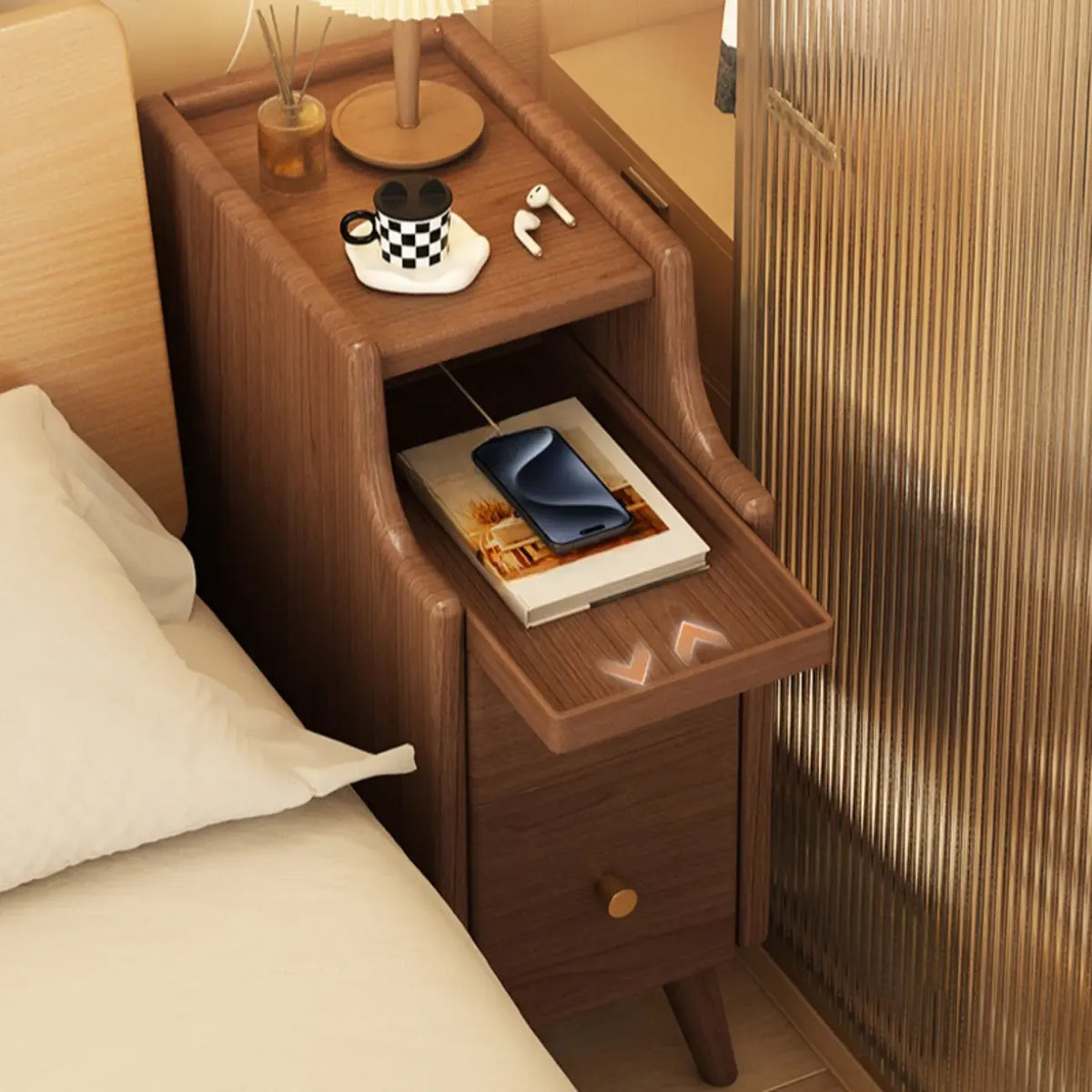 Table de chevet étroite en bois blanc avec 2 étagères