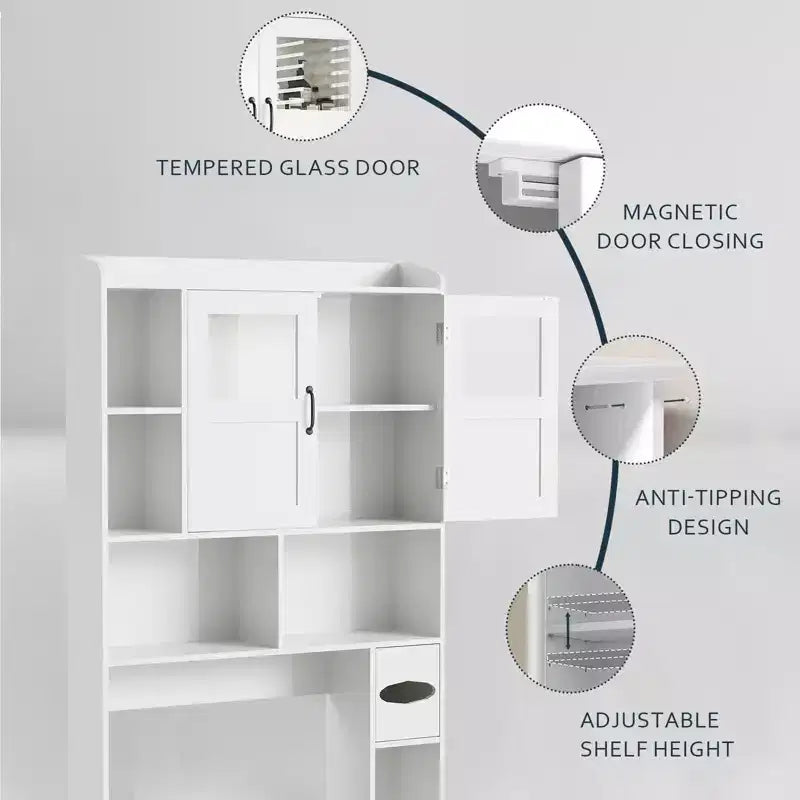 Mobile contenitore sopra il WC - 67,4 pollici di altezza, organizzatore e contenitore da bagno in stile rustico con ripiano regolabile e anta in vetro per bagno e lavanderia