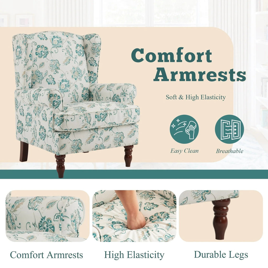 Fauteuil d’appoint moderne Erommy, fauteuil à dossier haut, canapé une place en tissu rembourré avec boutons et pieds en bois pour le salon