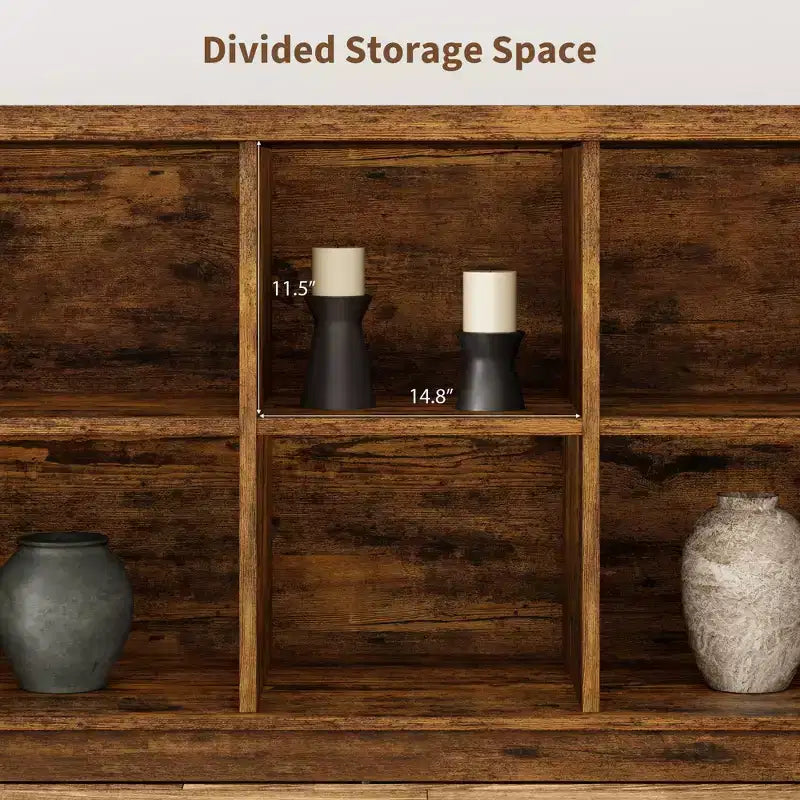 Libreria organizer con 8 scomparti, mobile orizzontale in stile rustico, libreria in legno da 62 pollici con vani portaoggetti per ingresso, libreria lunga e bassa per soggiorno