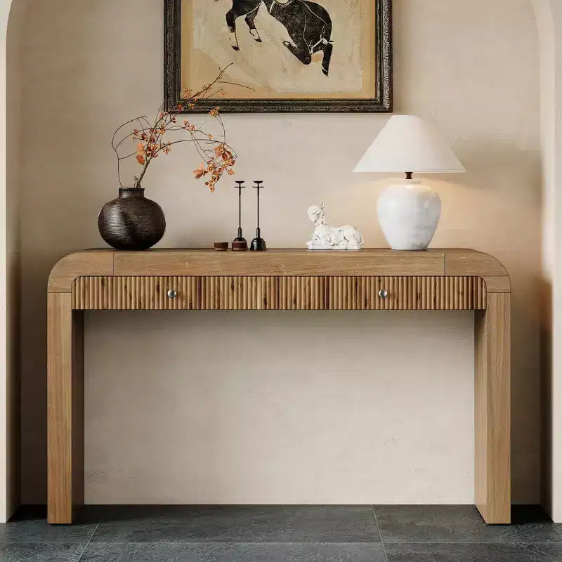 Table console rustique Whisen, table d’entrée et table d’appoint avec façade de tiroir cannelée