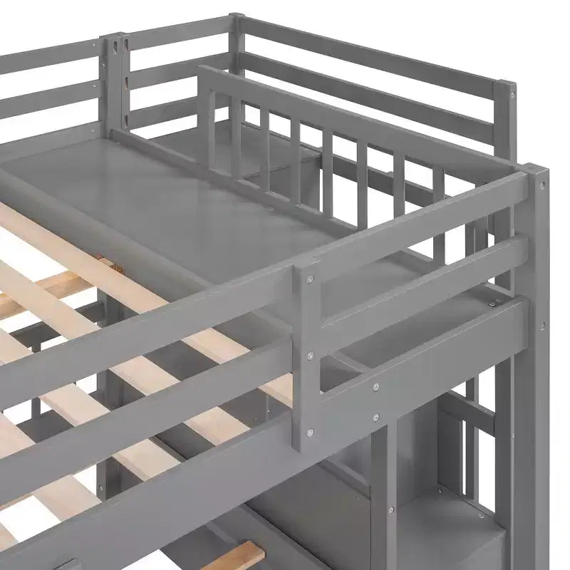 Lit superposé Whisen avec lit double au-dessus de deux lits une place, lit superposé triple en bois avec tiroirs et barrières de sécurité