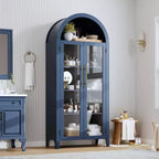 Mobiletto contenitore alto ad arco con ante in vetro, libreria espositiva a 5 ripiani con mensole regolabili per cucina o soggiorno