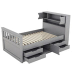 Lit plateforme de capitaine Twin/Full avec 4 tiroirs et étagères de rangement, structure en bois massif avec tête de lit bibliothèque et rangements