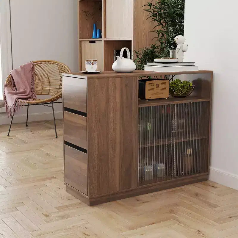 Buffet moderne GDFStudio Hikaru avec portes coulissantes en verre et tiroirs