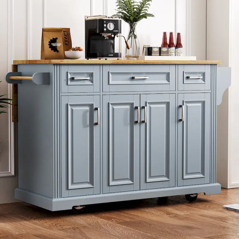 54 Îlot de cuisine grand format avec rallonge rabattable en bois d’hévéa, desserte de cuisine roulante à texture gaufrée sur 4 roulettes avec 4 portes et 3 tiroirs