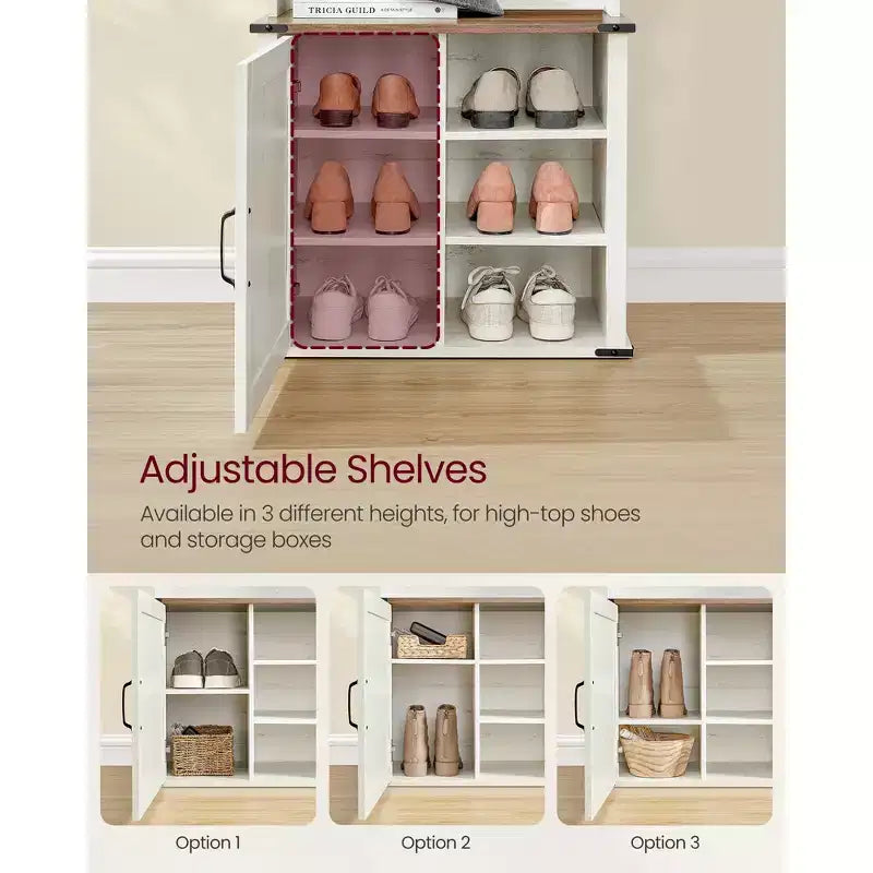 Pannello appendiabiti con panca e contenitore per scarpe, appendiabiti con panca portascarpe, mobile per ingresso, 3 ganci tripli, anta con maniglia, bianco rustico