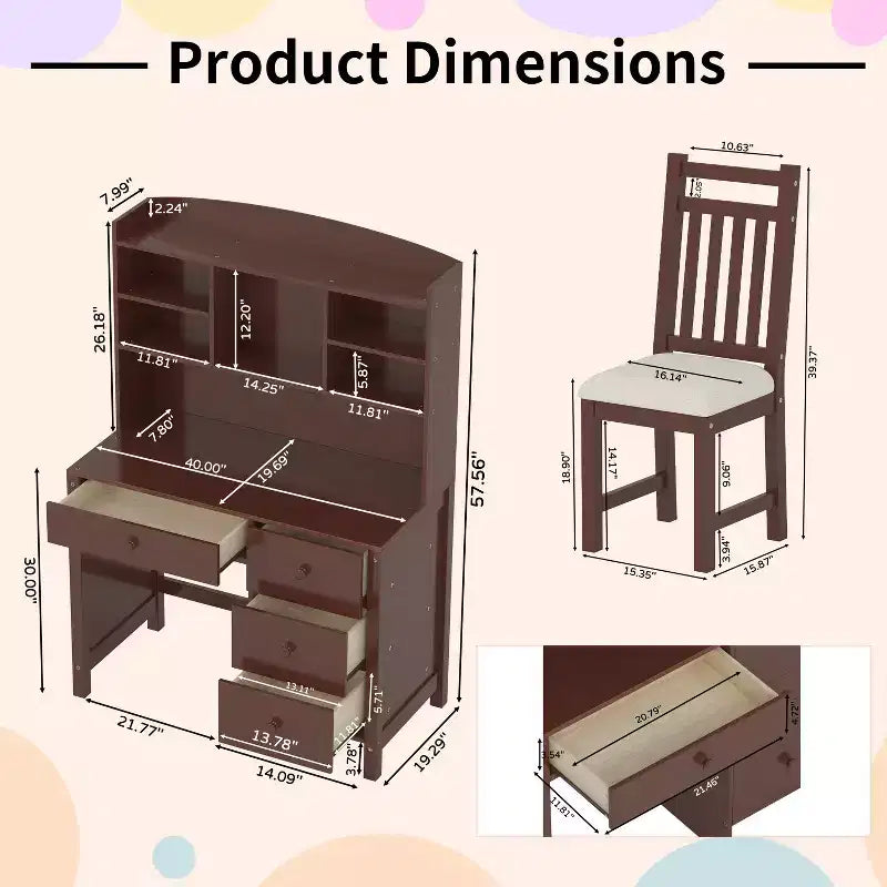 Scrivania moderna in legno per home office Okak con piano/sedia e libreria, scrivania da studio con spazio per adolescenti e studenti, per studio e ufficio
