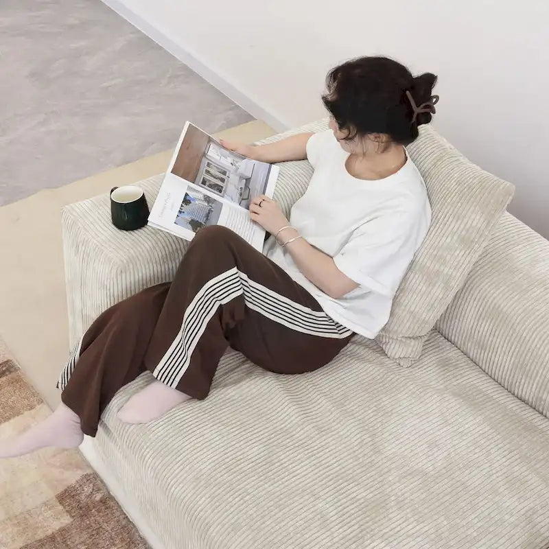 Grand canapé d’angle modulable en velours côtelé, en U, 4 places, avec 2 poufs et 5 coussins
