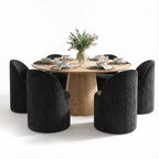 Ensemble de table à manger moderne pour 6 personnes, table ronde à piètement central, fauteuils tonneau pivotants à roulettes, chenille texturée - Panipeachy