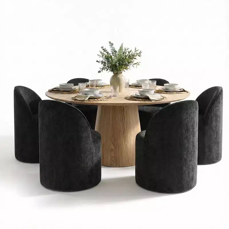Ensemble de table à manger moderne pour 6 personnes, table ronde à piètement central, fauteuils tonneau pivotants à roulettes, chenille texturée - Panipeachy