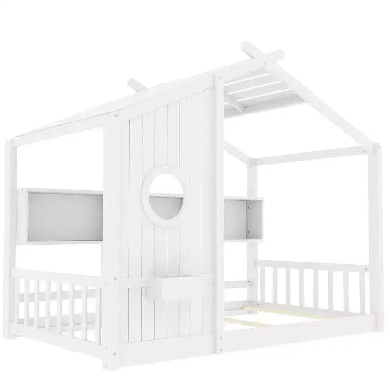 Cadre de lit plateforme en forme de maison, format une place et demie/double, lit cabane au sol pour tout-petit, lit Montessori pour enfant, lit maison de jeu avec étagère de rangement – ModernLuxe