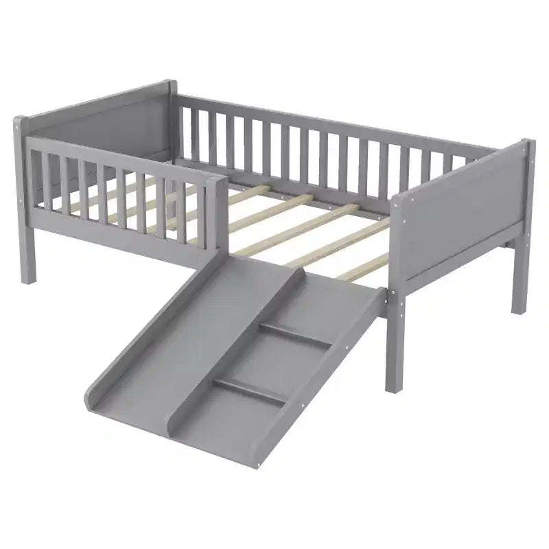 Cadre de lit mezzanine bas Whisen 1 place pour enfants avec toboggan, bibliothèque de rangement mobile et barrières de sécurité