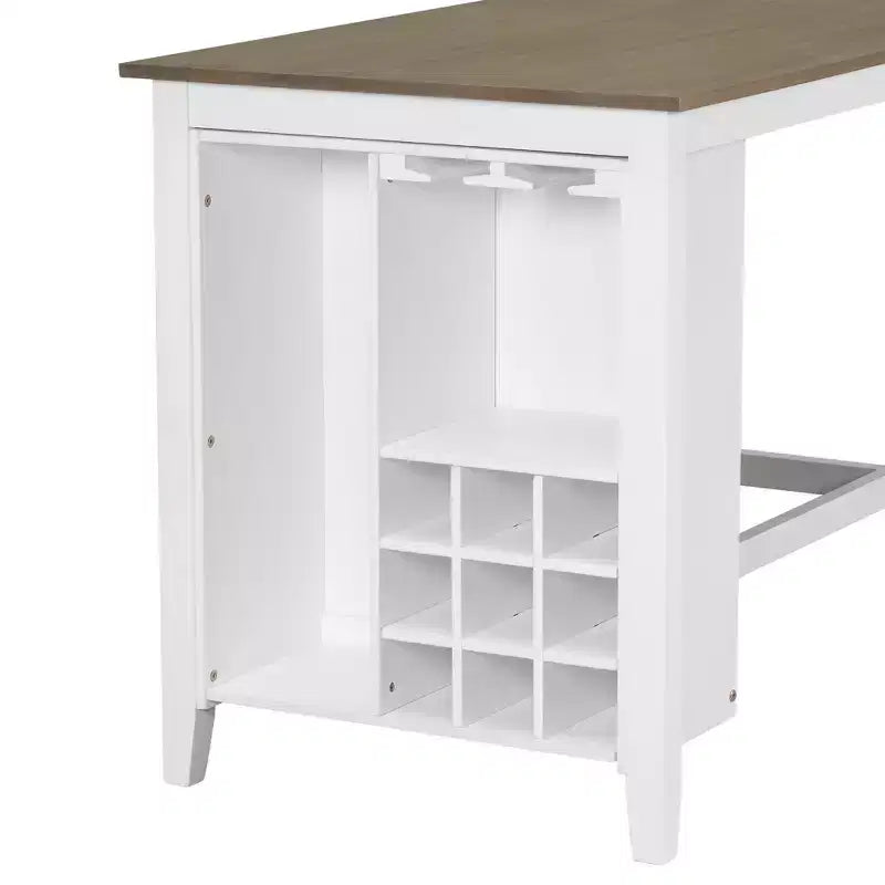 Set da pranzo in stile rustico composto da 5 pezzi, altezza bancone, con sedie per 4 persone, tavolo rettangolare in legno con ripiani contenitori e scomparto portabottiglie