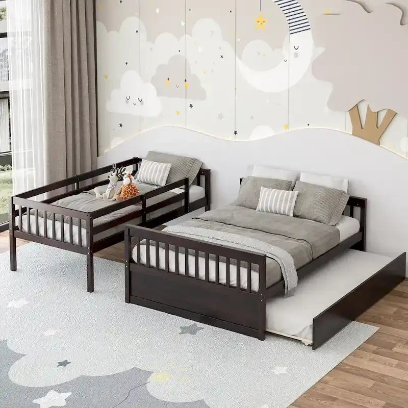 Letto a castello Gymax con letto singolo sopra un letto matrimoniale, estraibile singolo e piattaforma convertibile