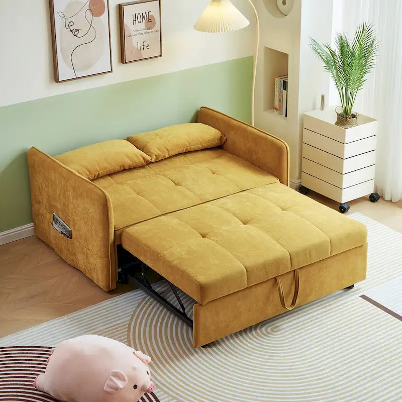 Canapé-lit escamotable en tissu chenille jaune - 39.00 x 53.50 x 31.50