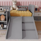 Cadre de lit mezzanine bas Whisen 1 place pour enfants avec toboggan, bibliothèque de rangement mobile et barrières de sécurité
