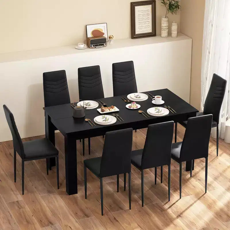 Set Tavolo da Cucina Rettangolare Moderno Costway con 8 Sedie da Pranzo in Pelle PVC Nere