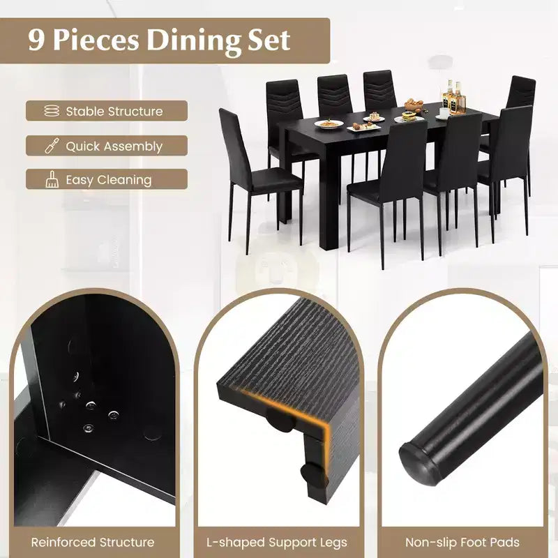 Set Tavolo da Cucina Rettangolare Moderno Costway con 8 Sedie da Pranzo in Pelle PVC Nere