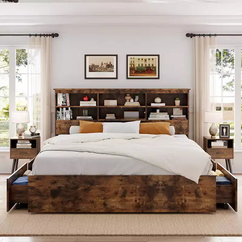 Eenpersoonsbedframe met opberghoofdbord, houten bedframe met 4 laden, boekenkast voor opbergruimte en kingsize platformbed met stevige metalen ondersteuning