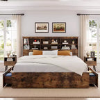 Eenpersoonsbedframe met opberghoofdbord, houten bedframe met 4 laden, boekenkast voor opbergruimte en kingsize platformbed met stevige metalen ondersteuning