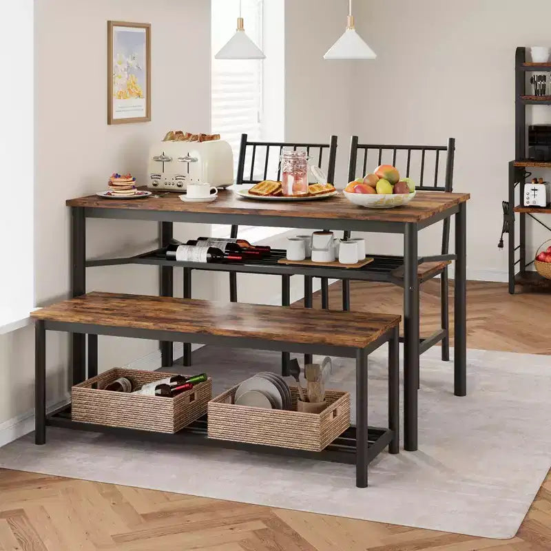 Set tavolo da pranzo per 4 persone, tavolo da cucina rettangolare in legno con 2 sedie e panca, tavolo da sala da pranzo con portabottiglie per piccoli spazi, appartamento, casa
