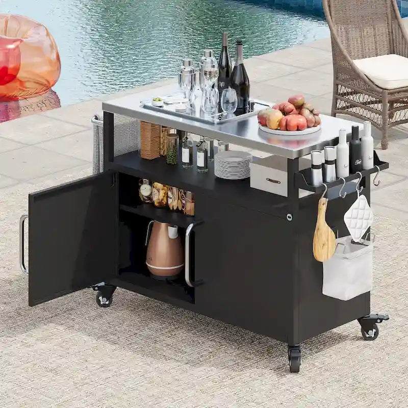 Îlot de cuisine extérieur avec plateau en acier inoxydable, chariot de gril en métal avec meuble de rangement - N/A