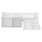 Cadre de lit mezzanine bas Whisen 1 place pour enfants avec toboggan, bibliothèque de rangement mobile et barrières de sécurité