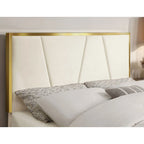 Glam Beige Fully Upholstered Platform Bed with Gold-tone Accents by