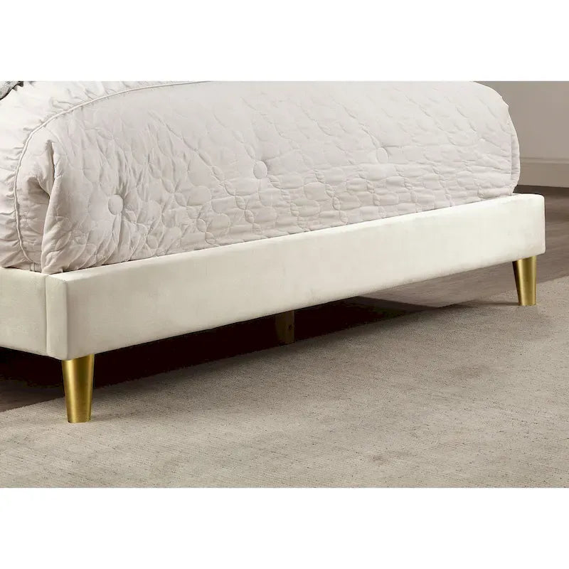 Glam Beige Fully Upholstered Platform Bed with Gold-tone Accents by