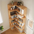 Libreria verticale in legno a forma di L con finitura naturale e schienale aperto