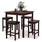 Costway Set Tavolo da Bar 5 Pezzi Tavolo Quadrato da Pranzo e 4 Sgabelli da Bar Imbottiti in Pelle PVC Marrone/Bianco