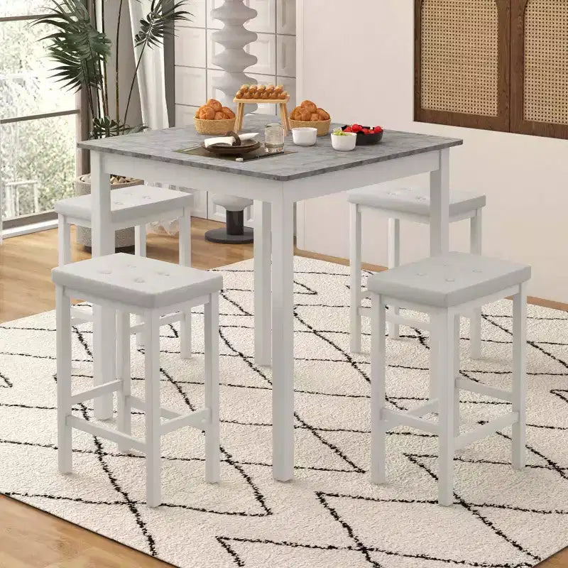 Costway 5-teiliges Bartisch-Set: quadratischer Esstisch und 4 mit PVC-Kunstleder gepolsterte Barhocker, Braun/Weiß
